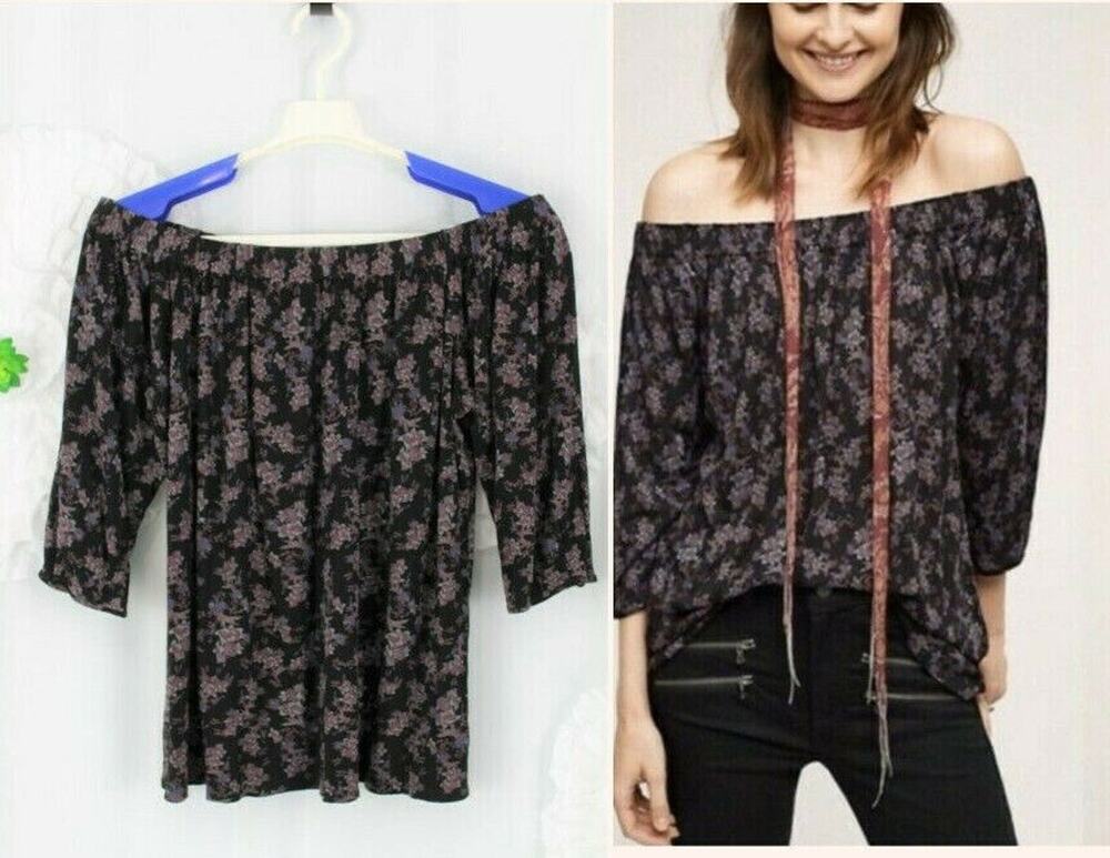 Anthropologie Deletta Caitha Top Black Purple Floral Off Shoulder Size Small